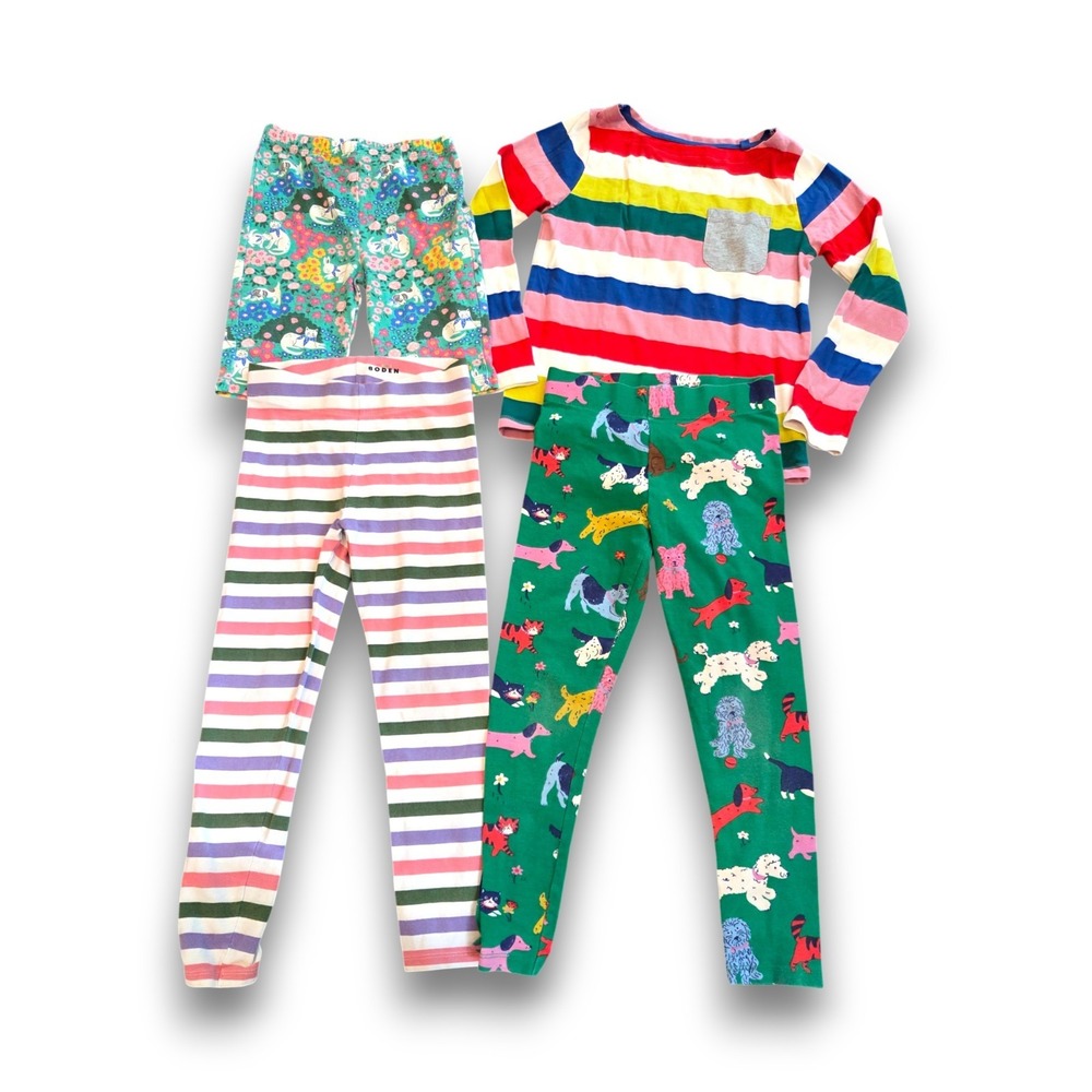 Mini Boden 4 Piece Leggings Pants Shirt Set Rainbow Striped Dogs Girls 7-8